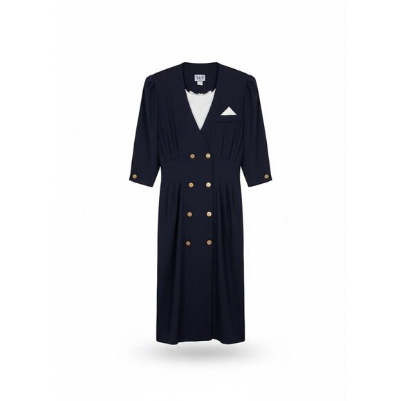 ILGWU Vtg Navy Blue Diner Dress Sz 12 Retro Structured Tailored Cinched Waist - Picture 2 of 6